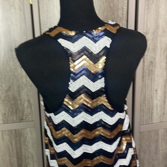 Francesca's Alya black/navy/gold/cream sequins bodycon dress women's L - Picture 7 of 13